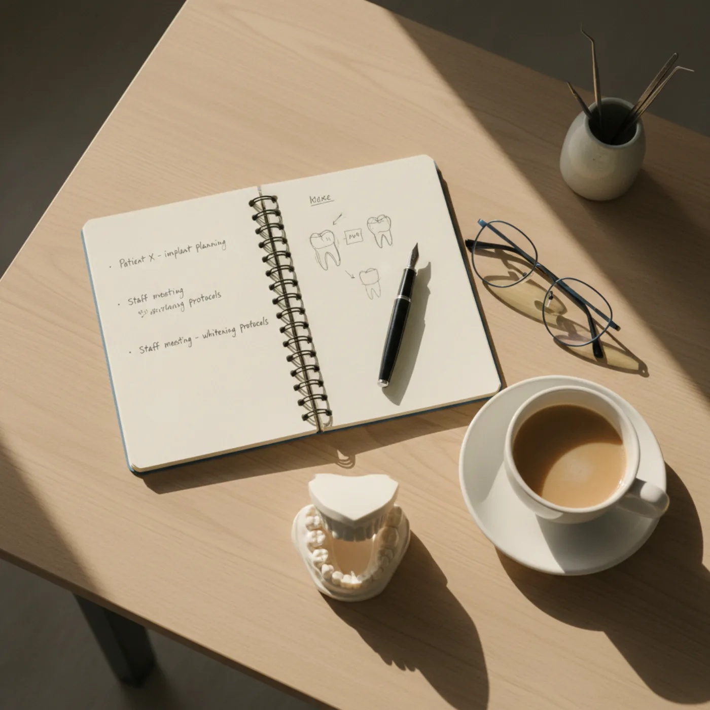 Schreibtisch mit Notizbuch, Stift und Zahnmodell — Redaktion Zahnkosten-Rechner